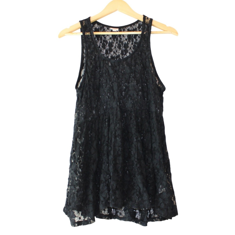 Mudd Lace Babydoll Tunic Tank Top Womens Large Black‎ Excellent Floral Sheer